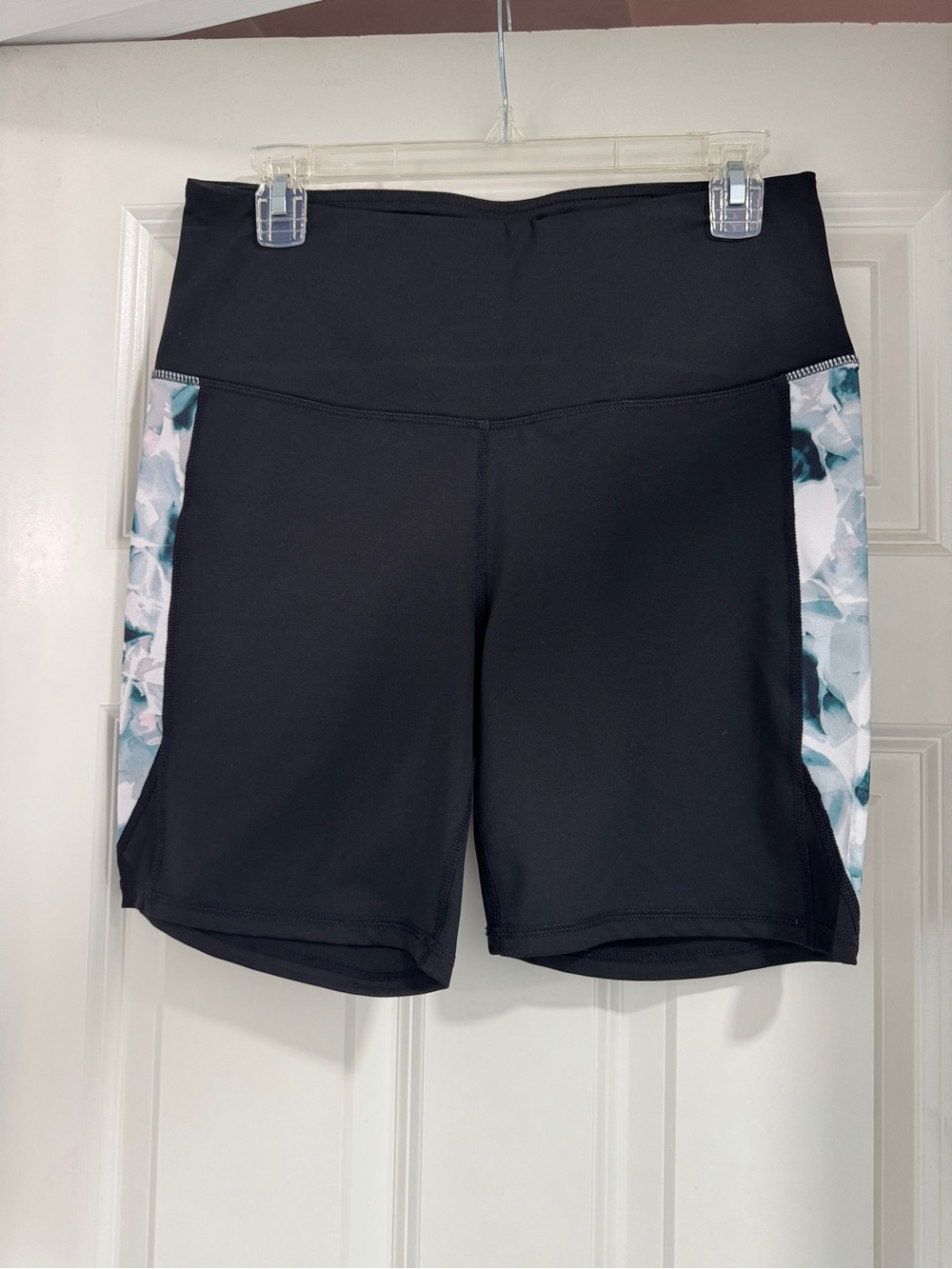GAIAM Black High-Rise Bike Shorts with Blue Floral Side Panels